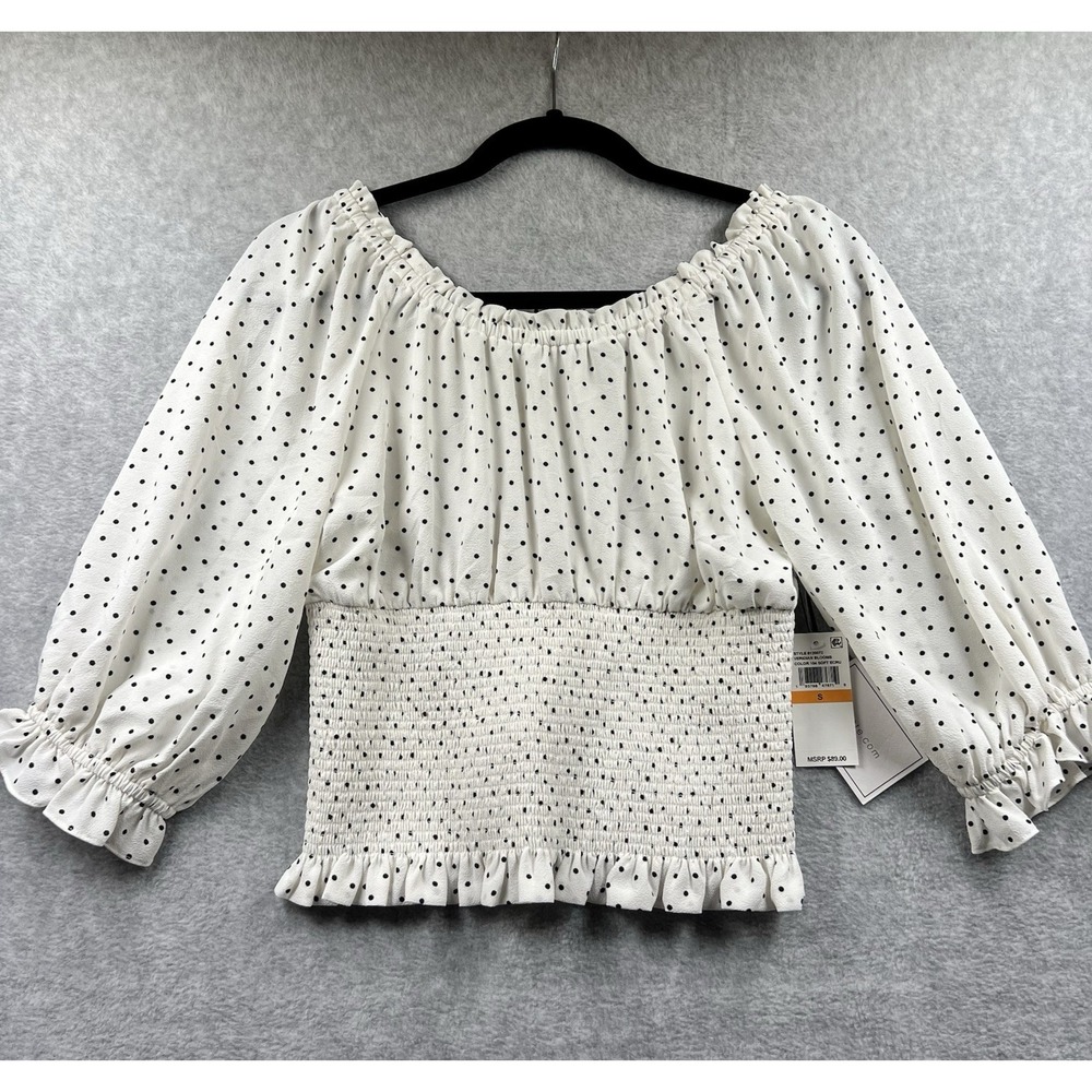 1. State NEW Womens Small Ivory White Black Polka Dot Off-Shoulder Smocked Top